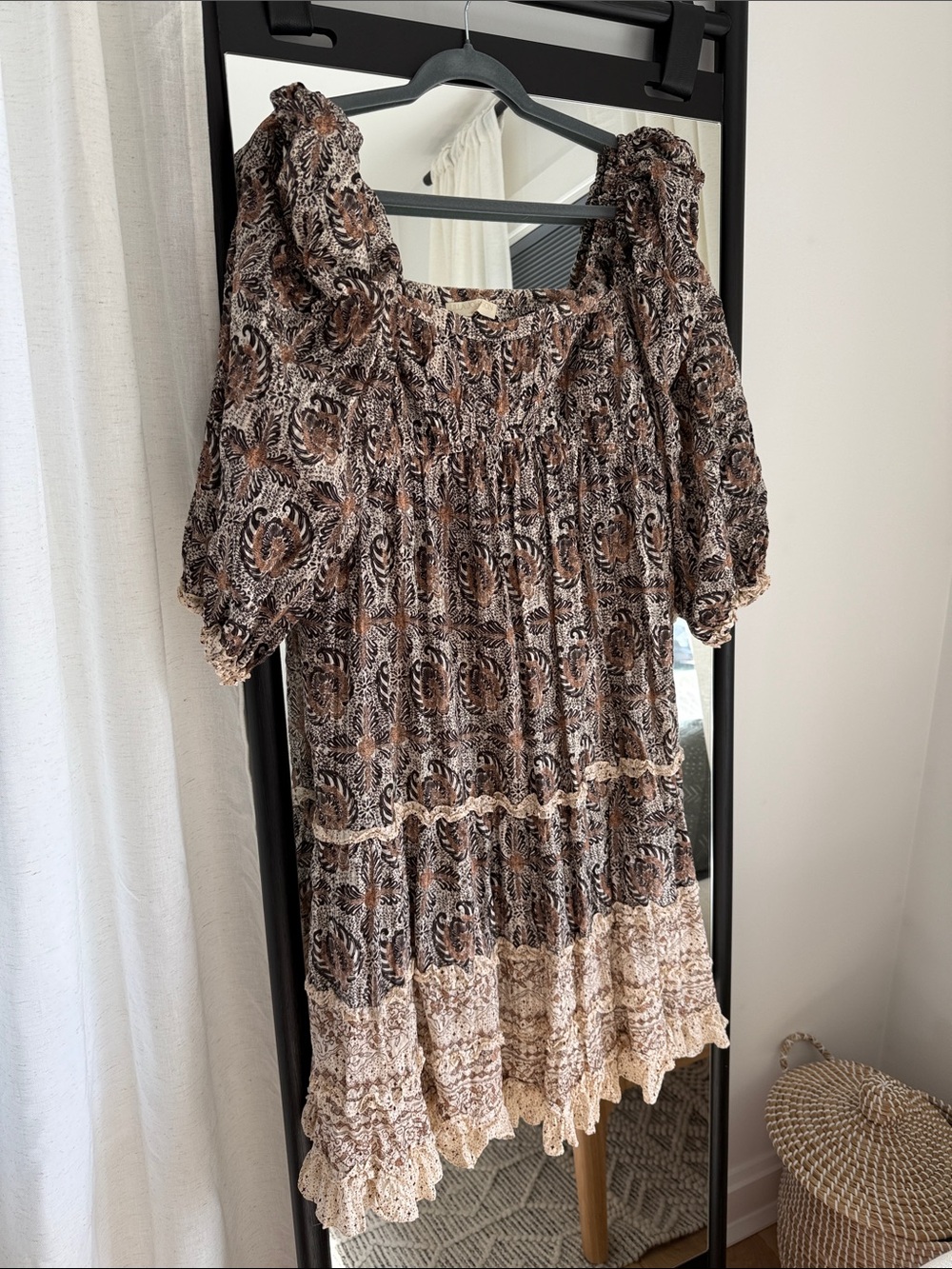 Ulla Johnson Brown and Cream Floral Tiered Peasant Tunic